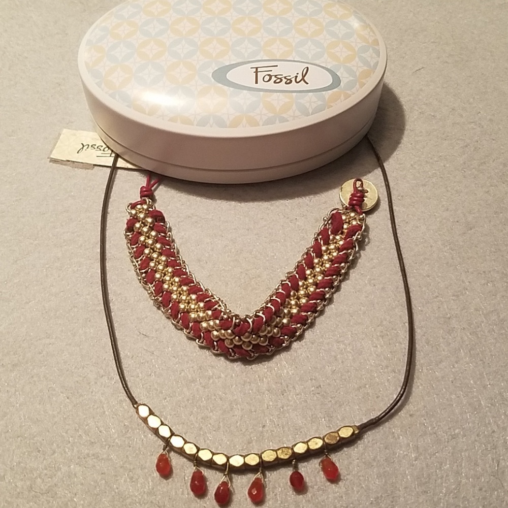 NEW Fossil Bracelet & Necklace Red & Gold Tone